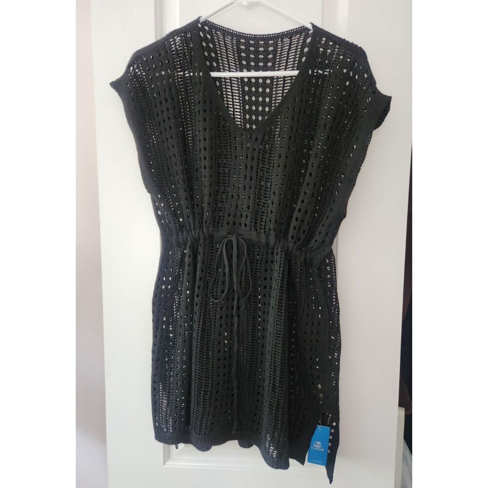 CUPSHE Black Crochet Cover Up Dress Womens Medium NWT VNeck Drawstring Swim Mini - Picture 2 of 9